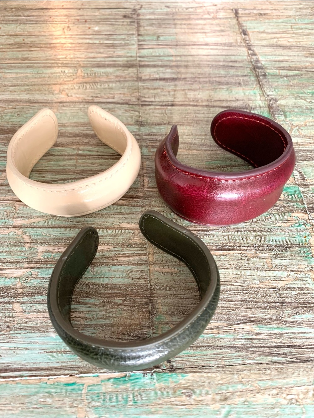 Zara Leather Olive Green, Cream & Burgundy Cuff Bracelet Set - Picture 2 of 4